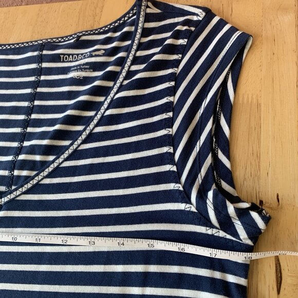 Toad & Co Women Samba Muse Ruched Midi Dress Sz Large Navy Blue Striped Coastal - Picture 11 of 12